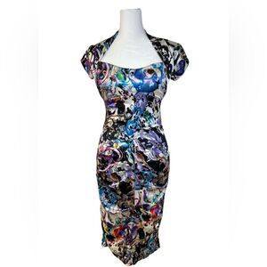 Vintage Cache Abstract Print 100% Silk Open Back Ruched Knee Length Dress Size 4